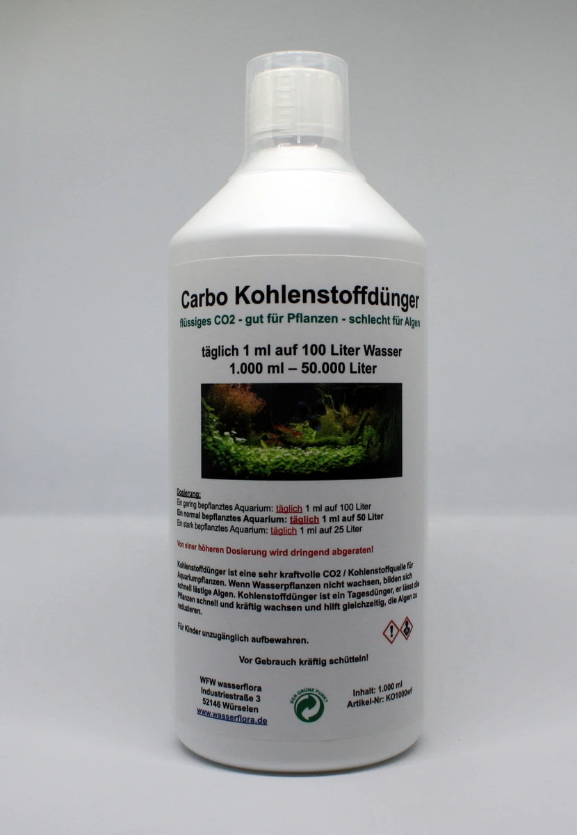 1.000 ml Carbo Kohlenstoffdünger für 50.000 Liter Wasser, flüssiges CO2 - gut für Pflanzen - schlecht für Algen 1.000 Ml Carbo Kohlenstoffdünger Für 50.000 Liter Wasser, Flüssiges CO2 - Gut Für Pflanzen - Schlecht Für Algen -Wfw Wasserflora KO1000wfw 1 1
